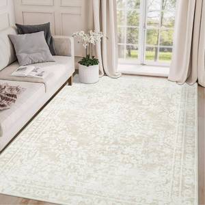 lot 5225 image: Area Rug 4x6 Entryway Rugs - Machine Washable Vintage Boho Area Rug Non-Slip Bedroom Rugs Soft Stain Resistant Living Room Carpet, Floral Distressed Rug for Dining Room Office(Cream Beige, 4x6)