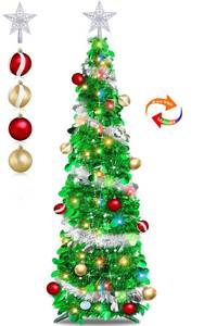 lot 5230 image: 5 Ft Pop Up Christmas Tree with Lights Timer, Collapsible Tinsel Christmas Tree with 50 Warm White&Color Changing Lights 8 Modes and Balls Ornaments 3D Star Sequins for Home Holiday Party Indoor Decor