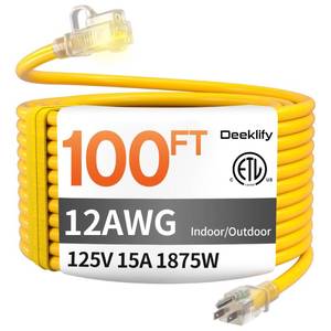 lot 5232 image: 12 Gauge 100 FT Heavy Duty Outdoor Extension Cord Waterproof with Lighted End,Yellow 12 Gauge Extension Cord Flexible and Cold Resistant 3 Prong Grounded Plug,15Amp 1875W SJTW ETL Listed