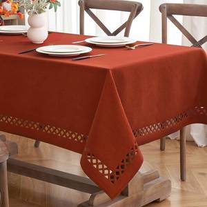 lot 6121 image: MIULEE Burnt Orange Thick Polyester Linen Rectangle Tablecloth with Decorative Cutouts Waterproof Stain Resistant Table Cloth Spring Boho Fall Table Cover for Dining Party Wedding, 70 x 52 inch