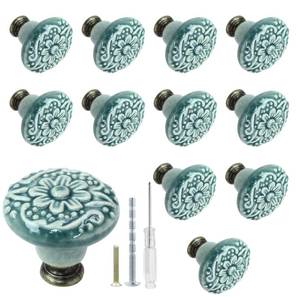 lot 6129 image: Biaungdo 12 Pcs Green Ceramic Kitchen Cabinet Knobs & Pulls, Retro Vintage Round Drawer Knobs, Decorative Closet Door Handles