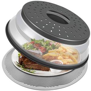 lot 6160 image: LekDrok 10 Inch Microwave Food Cover & Collapsible Silicone Mat - Splatter Guard, Plate Holder & Kitchen Colander for Meal Prep, Charcoal