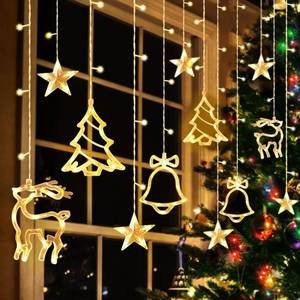lot 6167 image: Attmu Christmas Window Lights, 120 Led Christmas Curtain Lights with 8 Modes, 9.84 Ft Tree Bell Deer Star Lights Xmas Decorations for Bedroom Wall Window Indoor Outdoor Party Decor