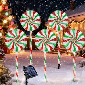lot 6178 image: Christmas Solar Lollipop Pathway Lights 5 Pack Outdoor Candy Cane Stake Light with Bow Waterproof Walkway Xmas Outsides Garden Yard Lighting Landscape Decorative Decoration