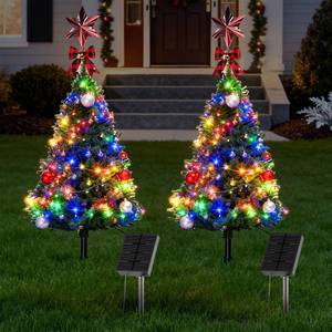 lot 6186 image: Amzxart 2 Pack Solar Christmas Tree, 3.3FT Christmas Tree with 100 LED Multicolor Solar Christmas Lights,Xmas Ball and Red Berry,Solar Christma Trees for Outside Yard Cemetery Christmas Decoration