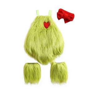 lot 6219 image: Qiylii Christmas Baby Costumes Green Monster Baby Girls Sleeveless Plush Fur Romper Onesie Headband  Leg Warmer Set