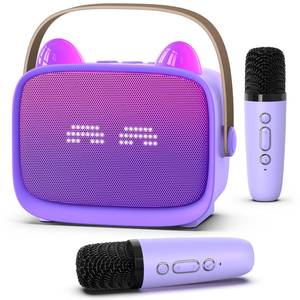lot 6251 image: Mgaolo Upgraded Mini Karaoke Machine Toy for Kids, Portable Bluetooth Speaker with 2 Wireless Mics, Emoji & Colorful LED Lights, Home Travel & Party Play Gifts for Boys Girls (Purple)
