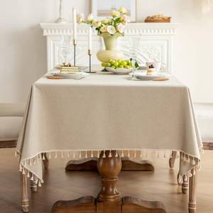 lot 6253 image: LSYMJ 1 Pack Heavy Duty Cotton Tablecloth Soft Wrinkle Resistant Fabric with Decorative Tassles Fringe for Kitchen Dining Table, Warm Beige, 55x102 Inch