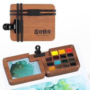 lot 6262 image: Soho Urban Artist Mini Wooden Travel Watercolor Set of 15 - Professional Watercolor Paint Set for Watercolorists & Plein Air Artists, Semi-Moist Pans, Pocket-Sized Magnetic Wood Case with Mixing Area