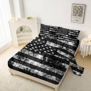 lot 6263 image: kxry Black and White USA American Flag Fitted Sheet Sets Full Size for Boys Kids Teens Dirty US Stars Stripes Flags Bedding Set 1 Fitted Sheet  1 Flat Sheet  2 Pillow Cases