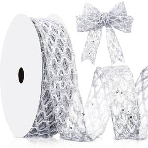 lot 6298 image: Geosar 20 Yards Silver Glitter Mesh Wired Ribbon for Wedding Decor, Valentines Gift Wrapping, Flower Bouquet Wrapping, DIY Craft, Christmas Tree Decoration (1.5 Inch)