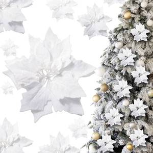 lot 6468 image: Thiccywoov 8 Pcs 9.8in Christmas Poinsettia Decorations Artificial Velvet Flowers Christmas Glitter Poinsettia Flower Picks with Stems for Xmas Tree Ornament DIY Wreath Xmas Party Supplies (White)