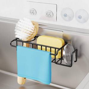 lot 6490 image: HapiRm 4 in 1 Kitchen Organizers and Storage, SUS304 Stainless Steel Brush Holder  Dish Cloth Hanger  Soap Rack  Sink Stopper Rack, No Drill Kitchen Essentials - Black