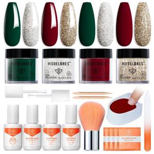 lot 6497 image: Modelones Christmas Dip Powder Nail Kit, 4 Colors Red Green Gold Glitter Dipping Starter Set with Liquid and Accessories for French Nails Art Salon DIY at Home Manicure