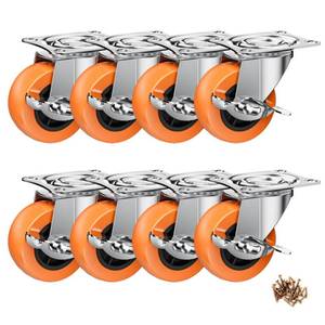 lot 8216 image: 2 Inch Casters, ASHGOOB Caster Wheels with Side Brake, Locking Casters Set of 8, IndustrialFurniture Swivel Plate Caster Wheels for Workbench and Carts, Orange Polyurethane (PU) Castors (8 Pack)