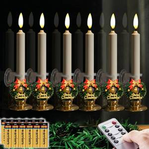 lot 8228 image: NONNO & ZGF 6 Pack Flameless 8.7 Window Candles 6 Wreath(with BowsBells)12 AA Batteries(Include) 6 Suction Cups 6 Golden Candleholders. Battery Powered Ivory Taper Candle with Remote and Timer