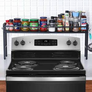 lot 13165 image: yudeke Stove Top Shelf, Extendable Spice Rack for Kitchen - Adjustable Over-the-Stove Shelf with 4 Hooks, Seasoning Organizer Countertop, Extra Space Saver (Black)