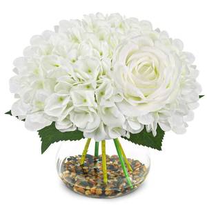 lot 13170 image: N&T NIETING Artificial Hydrangea Flowers with Vase White Fake Flowers with Rose Faux Hydrangea Flowers with Faux Water Real Stone for Home Office Table Room Wedding Centerpiece Decorations