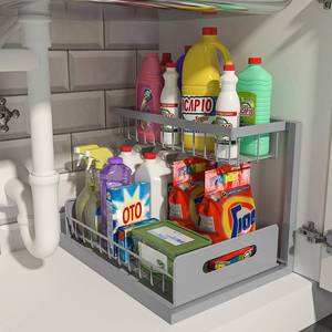 lot 13183 image: REALINN Under Sink Organizer, Pull Out Cabinet Organizer 2 Tier Slide Out Sink Shelf Cabinet Storage Shelves, Storage for Kitchen Bathroom, Grey, 1 Pack