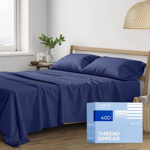 lot 13187 image: THREAD SPREAD California King Sheet Sets - 400 Thread Count 100% Cotton Sheets, 4 PC Cal King Sheets Set, California King Cooling Sheets, Soft Breathable Bed Sheets, 16 Deep Pocket Sheets (Navy Blue)