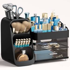 lot 13195 image: HBlife Makeup Organizer with Brush Holder for Vanity, Large Plastic Bathroom Countertop Organizer Cologne Organizer for Men, Easy to Store Lipsticks, Nail Polishes, Perfumes, Eyeshadow Palettes, Black