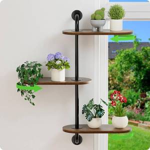 lot 13210 image: BUTUNITA Rotating Window Plant Shelves 3-Tier, Wooden Window Shelf for Plants, Sill Space-Saving Corner Hanging Wall Stand for Multiple Plants, Indoor Home Decor, Carbonized