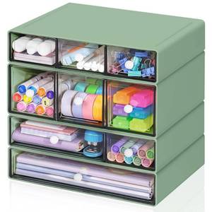 lot 13211 image: FODIENS Desk Storage Organizer with 9 Drawers, 4 Tiers Stackable Desktop Craft Storage Drawers, Clear Storage Box Caddy for Stationary Makeup Jewelry Office Craft Supplies (Green)