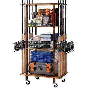 lot 13220 image: Ghosthorn Fishing Rod Holders for Garage Fishing Pole Rack Hold up to 10 Rods Fishing Pole Holders Wooden Organizer Fishing Rod Rack car Fishing Gear Storage Equipment (4 Tier)