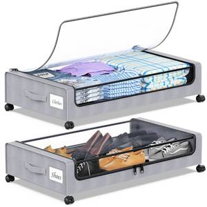 lot 13240 image: YAASHEEN Under Bed Storage with Wheels, 2-Pack Under the Bed Storage Containers with Clear Lids & Label, Underbed Storage Bins, XXL 60L Rolling Metal Drawer for Clothes, Shoes, Toys, Books - Gray