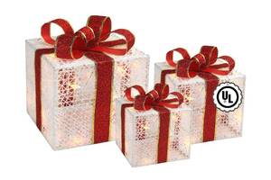 lot 13251 image: 3-Piece Lighted Gift Boxes - Pre Lit Christmas Decoration with Ribbons for IndoorOutdoor Use (8in) - Weather Resistant Yard Home Decor with Warm UL Lights