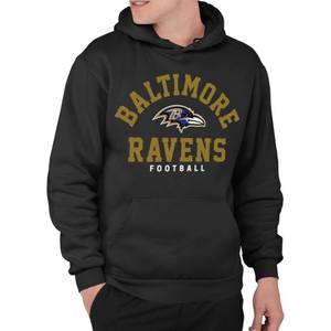 lot 14170 image: Junk Food Clothing x NFL - Baltimore Ravens - Classic Team Logo - Unisex Adult Pullover Fleece Hoodie for Men and Women - Size Medium, Black