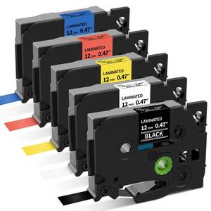 lot 14203 image: P Touch Label Maker Tape 12mm 0.47 Inch Laminated WhiteBlackRedBlueYellow Replacement for Brother TZe Label Tape, for Ptouch Model PT-D200 D210 H100 1880, Colored Tape, 5-Pack