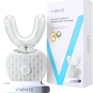 lot 14242 image: V-WHITE Ultrasonic U-Shaped Toothbrush for Teeth Whitening, Electric Toothbrush For Adults - 360° Mouth Cleansing, Hands Free Gums Protection - Wireless Charging & LED Light -Waterproof IPX7 Certified