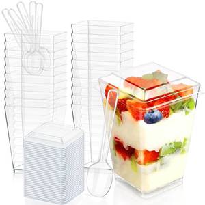 lot 14245 image: SEANSDA 5oz Plastic Dessert Cups with Lids and Spoons, Clear Yogurt Parfait Cups with Lids, Mini Dessert Cups with Spoons, Small Square Appetizer Cups for Fruit Party Pudding Shooter - 20 Pack