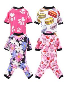 lot 14258 image: PET SHOW 4 Pack Small Dog Pajamas Girl Doggies Soft Stretchy PJs Floral Paw Jumpsuit Puppy Cats Kitten Doughnut Ice Cream Onesies Outfits with Sleeve Pets Breathable Summer Clothes Costume XS