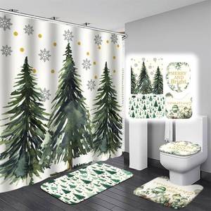 lot 14268 image: Drydiet 4 Pcs Christmas Shower Curtain Set Bathroom Decoration Non Slip Rugs Mat Toilet Lid Cover Shower Curtain for Xmas Holiday Farmhouse Home Bathroom Decor(Green Christmas)