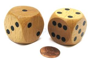 lot 14302 image: Set of 2 D6 Large Jumbo 30mm Rounded Wood Dice - Wooden with Black Pips