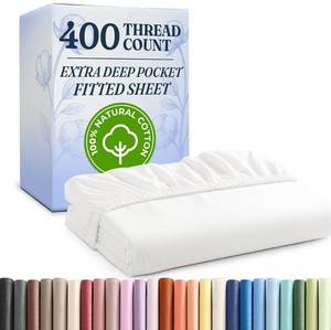 lot 14333 image: Queen 400 Thread Count Cotton Fitted Sheet - Hotel Quality 100% Cotton - Soft and Wrinkle Free - Deep Pockets - Fits Mattress Perfectly with No Pop-Off Elastic - One Fitted Bottom Sheet Only - White