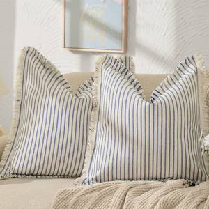 lot 14344 image: ZWJD Throw Pillow Covers 18x18 Set of 2 Striped Pillow Covers with Fringe Chic Cotton Decorative Pillows Square Cushion Covers for Sofa Couch Bed Living Room Farmhouse Decor