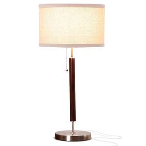 lot 3772 image: Brightech Carter (Includes LED Light Bulb) Table Lamp Walnut Brown Wood Mid-Century, Smart Home Compatible, Linen Shade, UL Listed