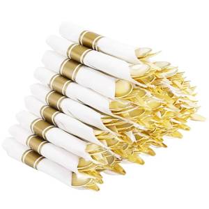 lot 3788 image: Supernal 60 Pack Pre Rolled Napkins with Gold Plastic Silverware, Premium Disposable Gold Wrapped Cutlery Set Includes 60 Forks 60 Knives 60 Spoons 60 Napkin for Party