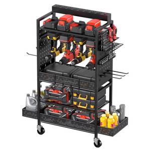 lot 3795 image: CCCEI Garage Power Tools Organizer Cart with Charging Station, Black Floor Standing Rolling Drill and Tools Battery Storage Cart on Wheels. Utility Rack Gift for Men, Husband, Father.