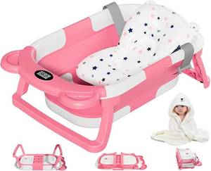 lot 3819 image: MoreFeel Collapsible Baby Bathtub for Newborn with Thermometer & 1 Hooded Towel & 1 Soft Floating Cushion,Portable Travel Bathtub with Drain Hole, Durable Foldable Baby Tubs for Infants to Toddler