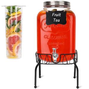 lot 3829 image: Waymind 2 Gallon Glass Drink Dispensers, 1 Pack Clear Beverage Dispenser with Stand and Spigot for Parties, Drink Dispenser with Ice Core and Sticker for BBQ, Picnic, Lemonade Dispenser