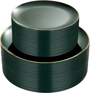 lot 3837 image: PULOTE 100PCS Green Plastic Plates - Green Disposable Plates With Gold Rim - Include 50 Pieces Dinner 10.25inch,50 Pieces Dessert 7.5inch for Party&Christmas