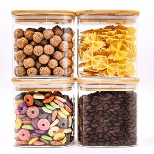 lot 3842 image: SHOWIN Glass Food Storage Jars Square 24oz, 4 Pack Glass Jars With Bamboo Lids, Kitchen Storage Containers For Spice, Candy, Cookie, Storage For Pantry Organizers