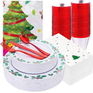 lot 3844 image: GATHER 176Pcs Christmas Plastic Plates - Heavy Duty Christmas Dinnerware Set Includes 50 Plates, 75 Red Plastic Silverware, 25 Cups, 25 Napkins and 1 Tablecloth for Xmas Party