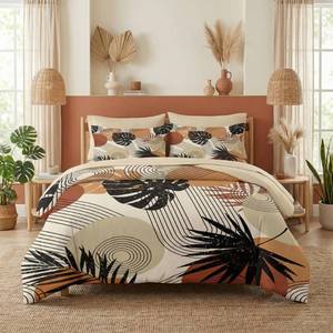 lot 3854 image: Pamnest Comforter Set King Size, Boho Tropical Leaves Beige 7 Pcs Bedding for Kids and Adults, Bohemian Retro Flower Bed Sheet Sets with Fitted Sheet 2 Pillowcase & 2 Sham for Bedroom Bed Decor