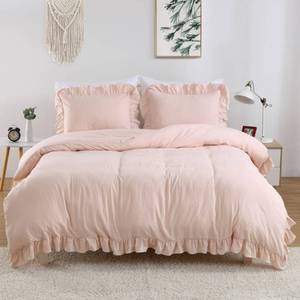 lot 3857 image: Ruffle Duvet Cover King Size, 3PCS Soft Washed Microfiber Vintage French Country Duvet Cover Set with Button Closure, Pink, 104x90 in