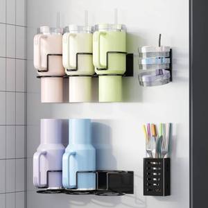 lot 3874 image: Alebew Magnetic Cup Holder for Refrigerator, Fits Stanley 203040 oz Tumblers, Water Bottles Organizer with Lid Rack & Straw Holder Black Kitchen Cup Storage Rack for Stanley Cup Accessories